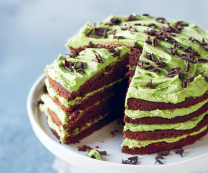 beautiful 4 layered matcha and chocolate cake