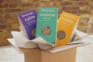 boxes of calm, cleanse and happy tea
