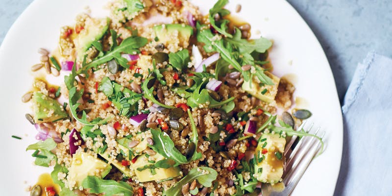 teapigs quinoa salad with matcha chili dressing on a plate