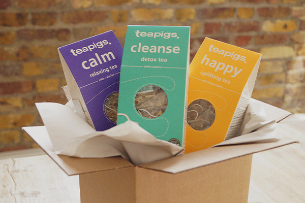 boxes of calm, cleanse and happy tea