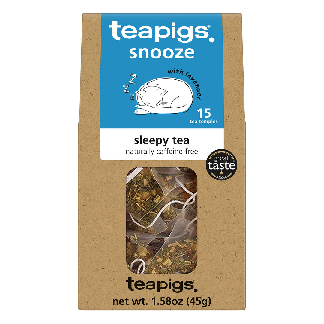 Teapigs sleepy tea packaging with a clear window showing tea leaves.