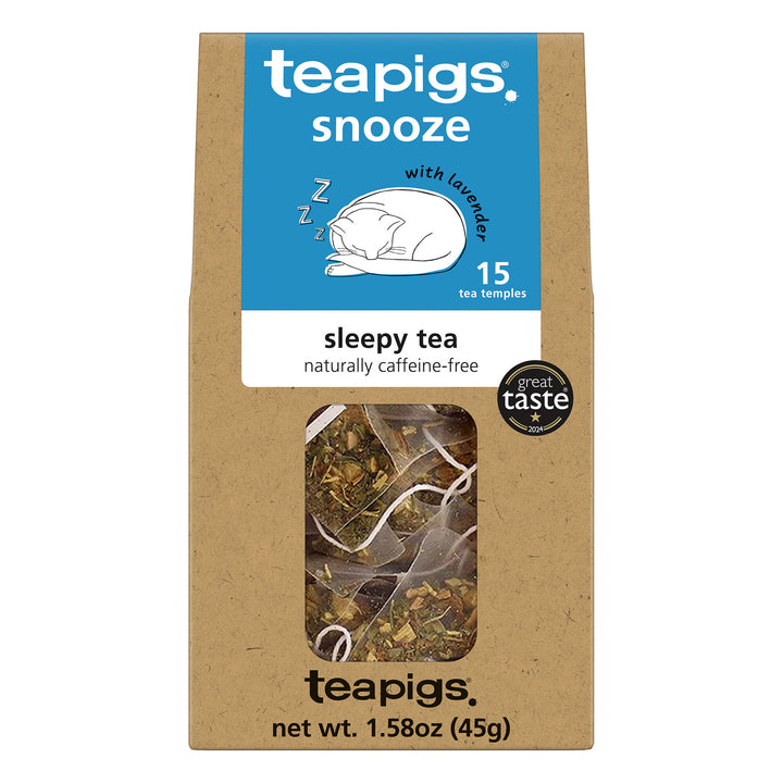 Teapigs sleepy tea packaging with a clear window showing tea leaves.