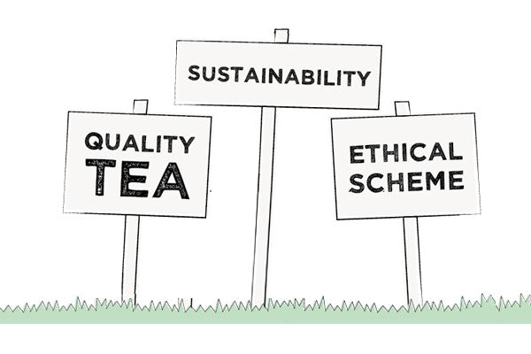 an illustration of yards signs that say 'quality tea', 'sustainability' and 'ethical scheme'