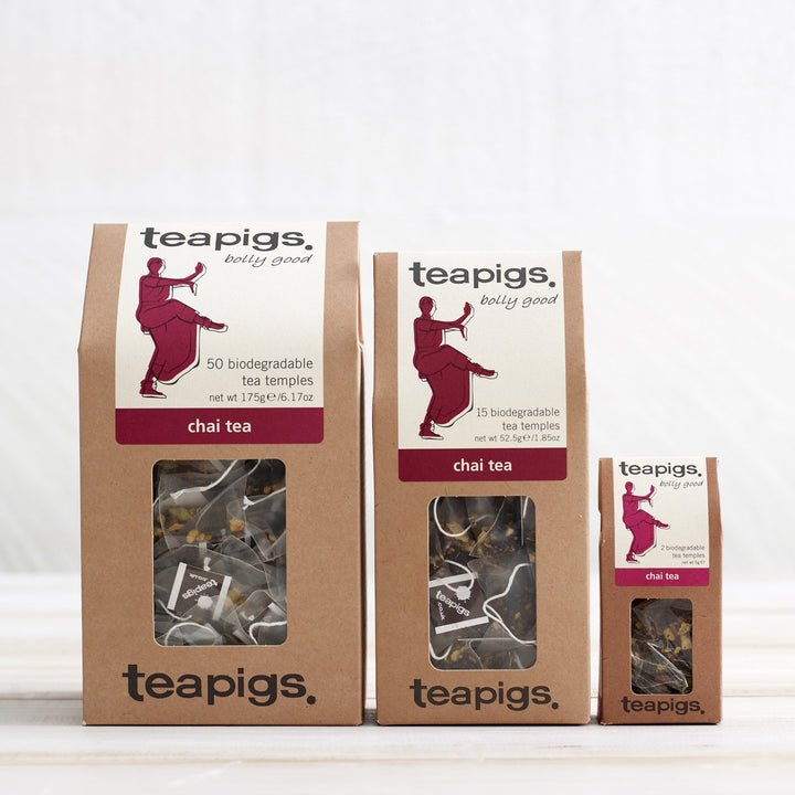Three packages of teapigs chai tea on a white background